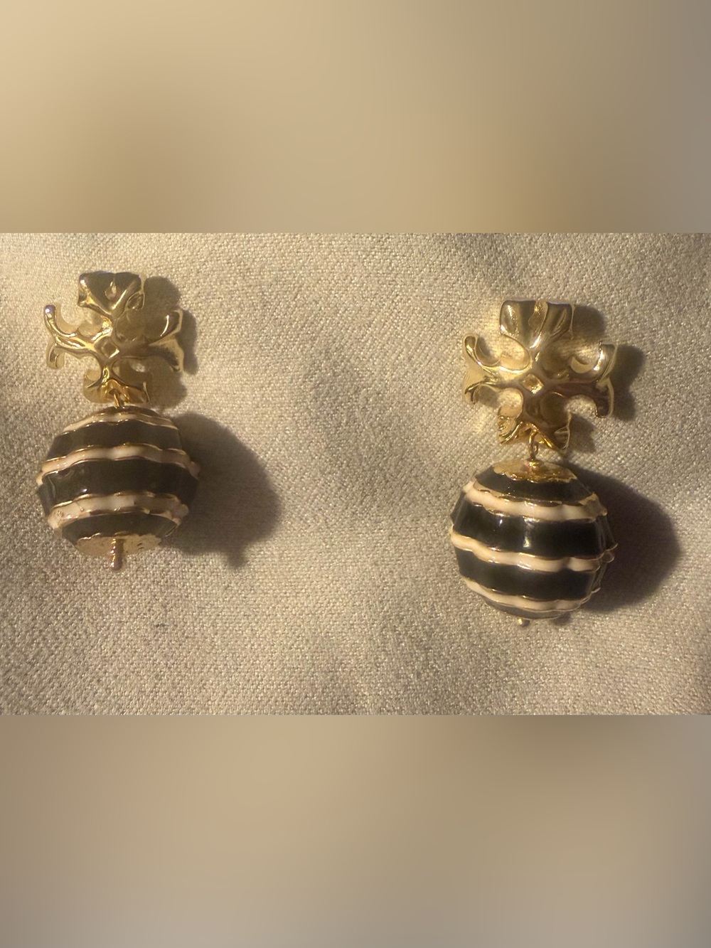 Tory Burch Black & Cream Striped Drop Earrings